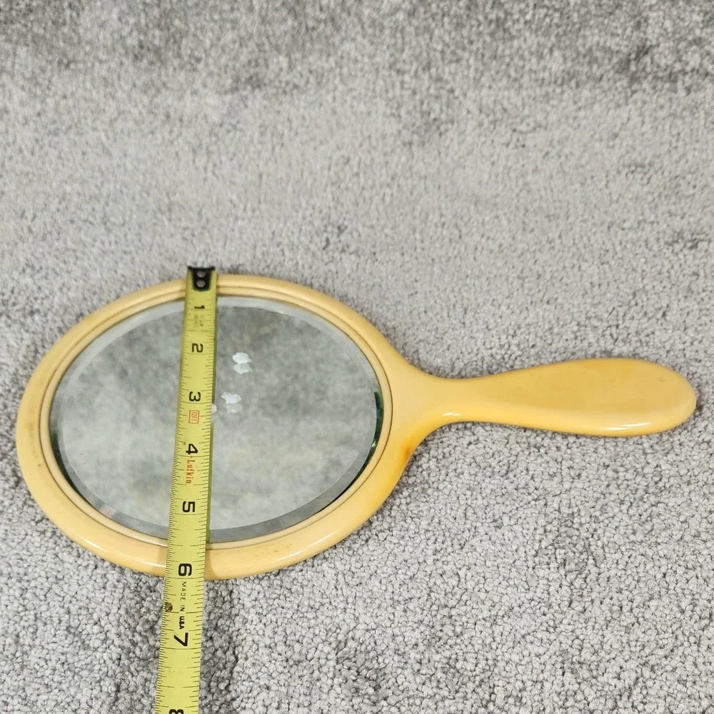 Vintage Celluloid Hand Mirror French Ivory Beveled Glass Art Deco Vanity Yellow
